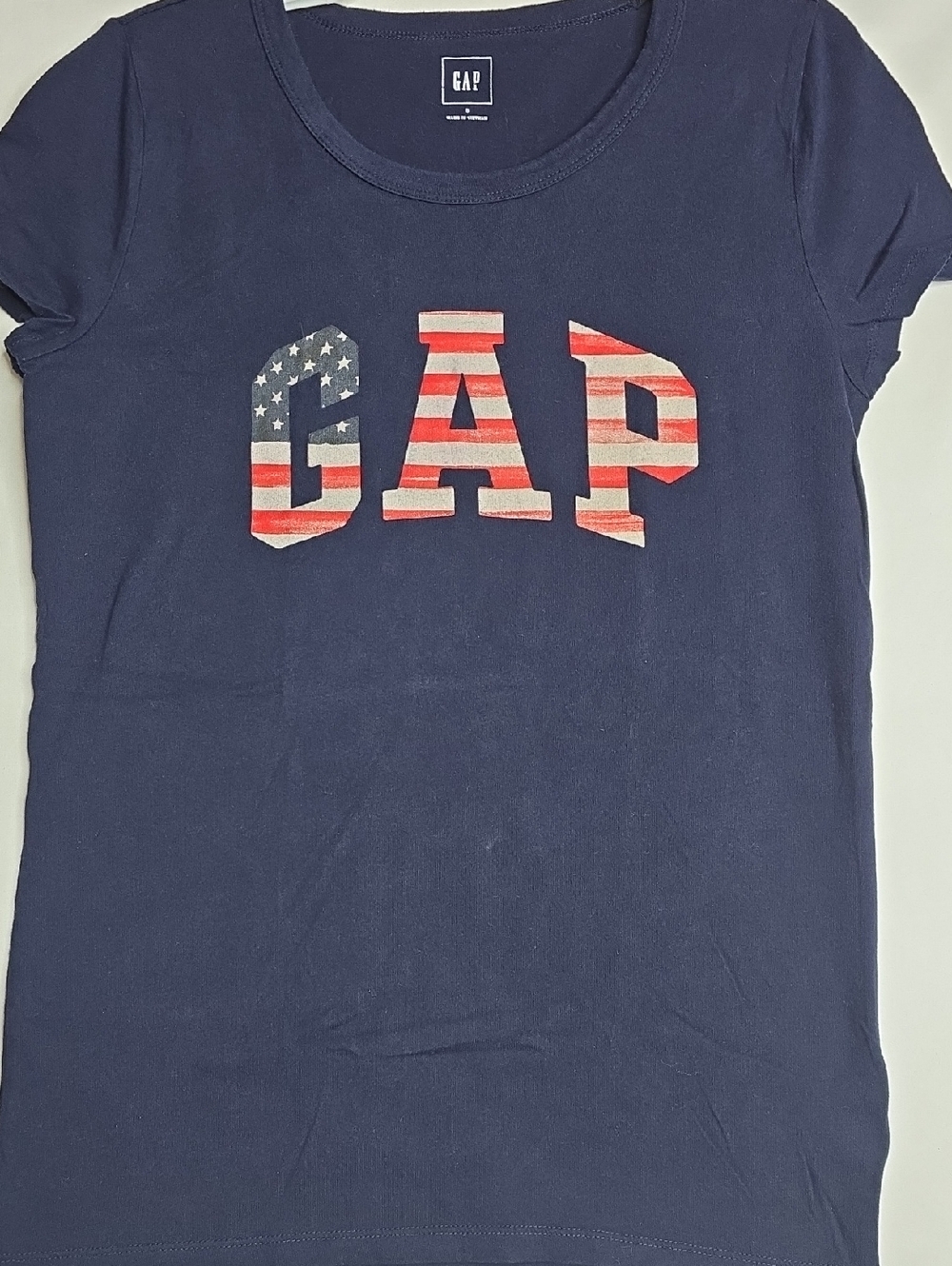 GAP Blue Tee letters in Red, White and Blue USA Patriotic